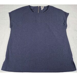Anne Klein Textured Blouse Womens Large Navy Blue Gold Zip Career Office Top
